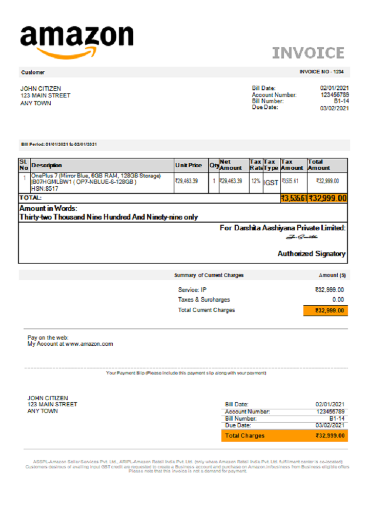 USA Amazon invoice PSD template